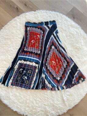 Zara Navy, Red and White Patterned Pleated Midi Skirt